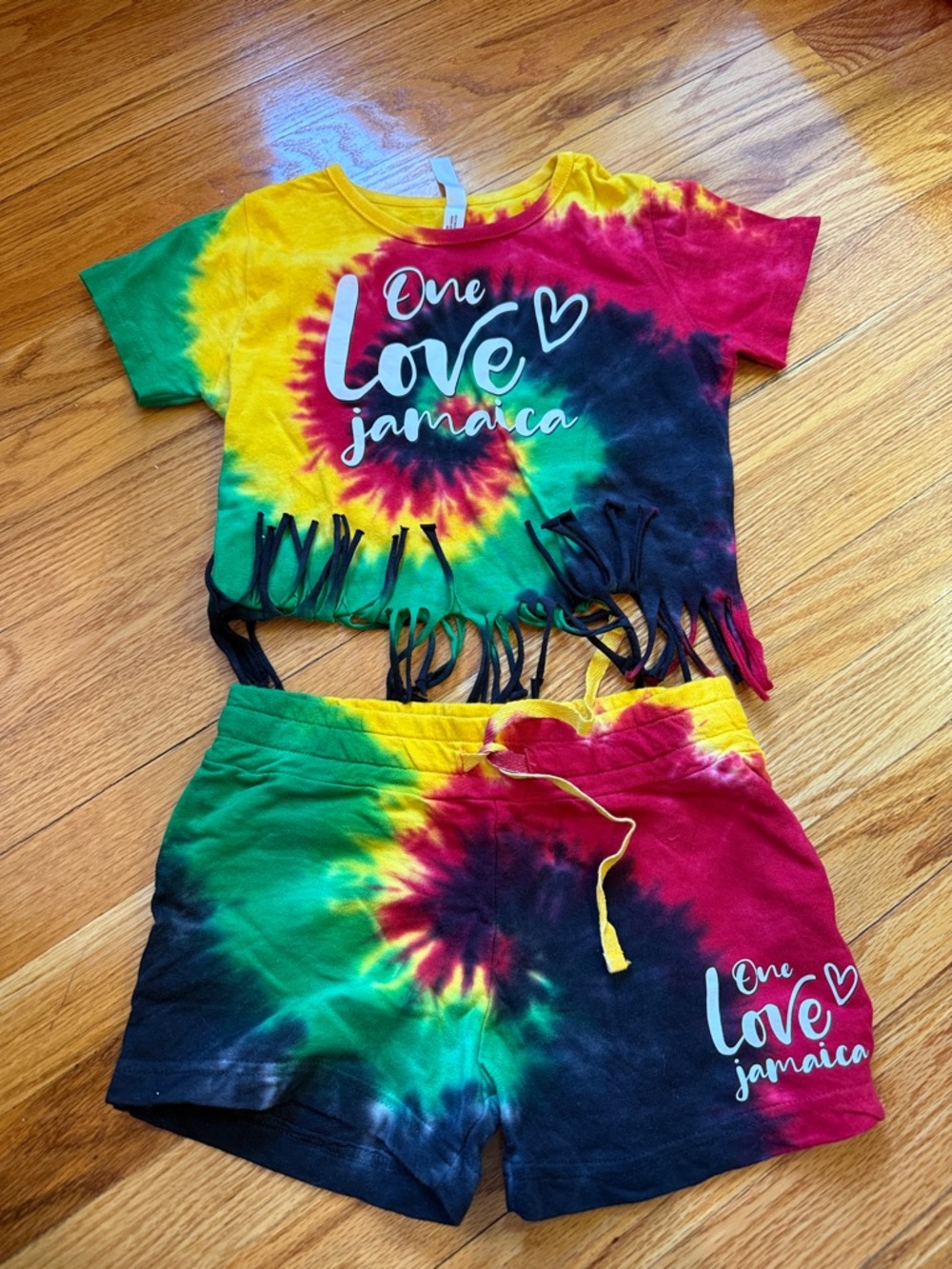 One Love Jamaica Tie-Dye Fringe Crop Top & Shorts Set - Red Green Yellow Black